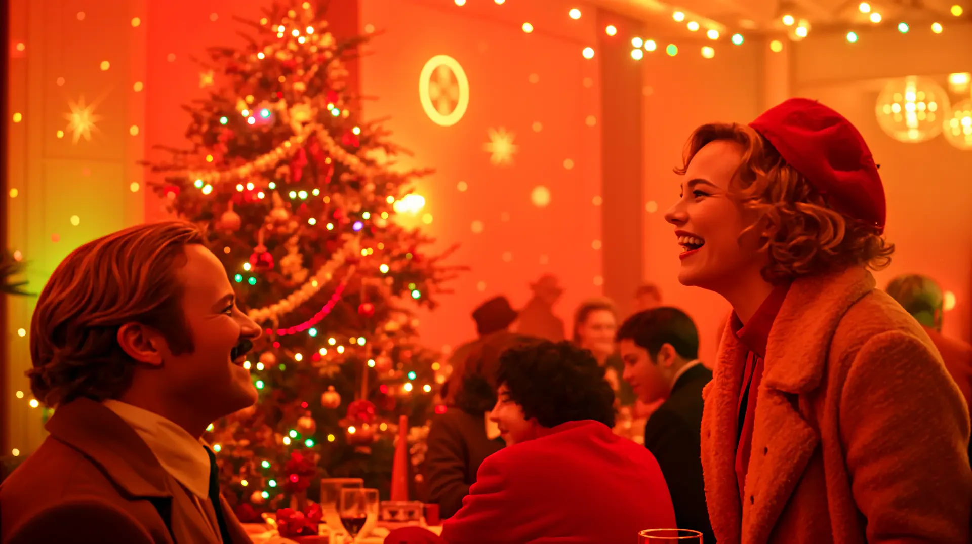 A festive Christmas party scene with joyful guests, twinkling lights, and a decorated tree, captured in vibrant colors, showcasing the warmth of the holiday spirit in 4K Ultra HD.
