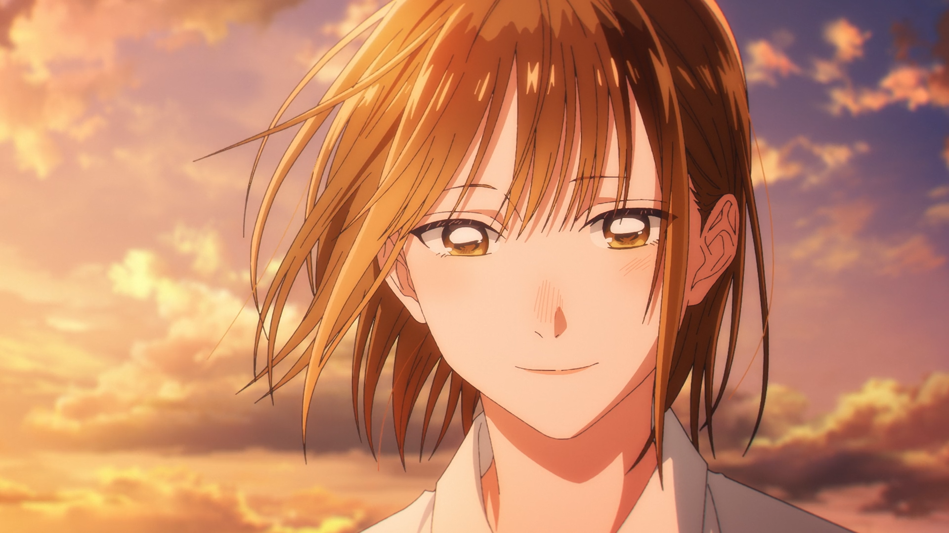 HD anime wallpaper featuring Chinatsu Kano from Blue Box, with a warm sunset sky casting a soft glow on her gentle expression.