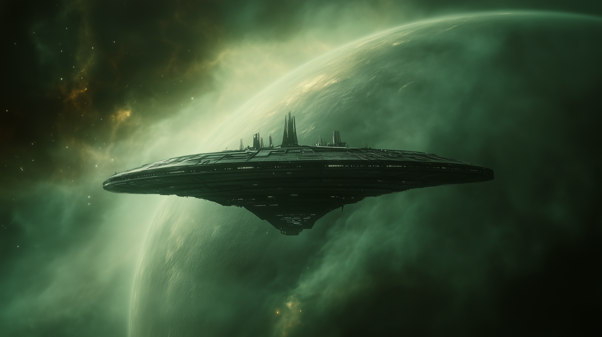 HD desktop wallpaper showcasing a sci-fi space station orbiting a green planet, set against a vast, glowing space environment.