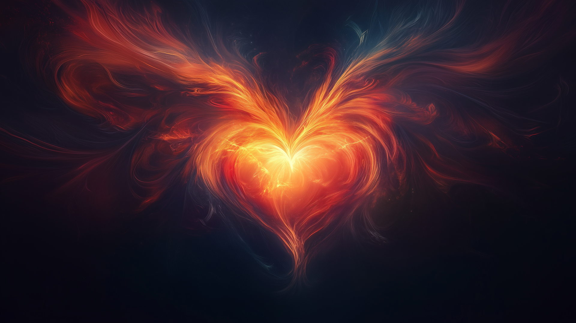 A vivid HD desktop wallpaper featuring a glowing heart with fiery flames and angelic wings, symbolizing love and passion in a dark, ethereal background.