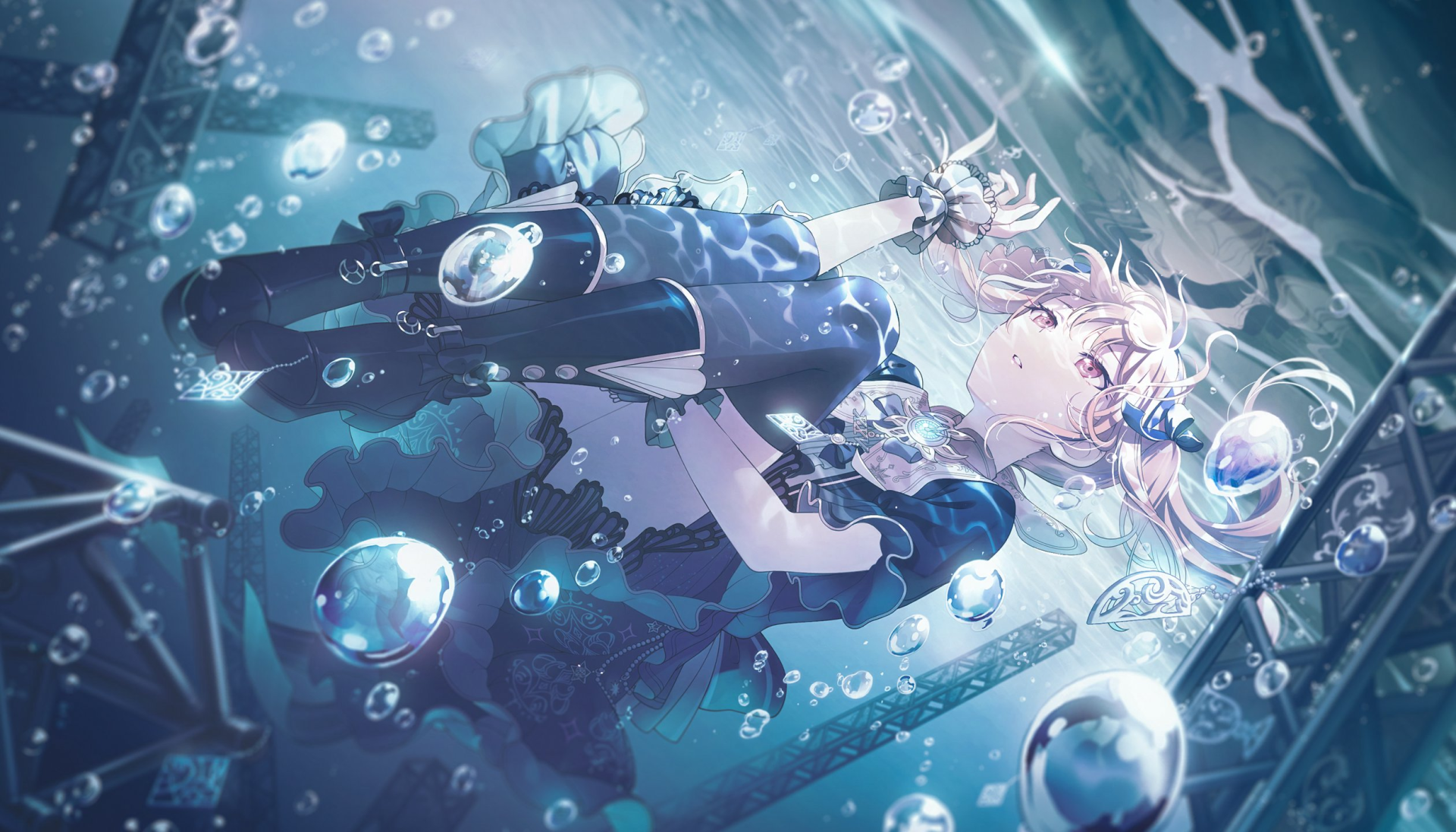 HD PC desktop wallpaper featuring a detailed underwater scene with an anime-style character surrounded by bubbles, tagged with Pjsk.