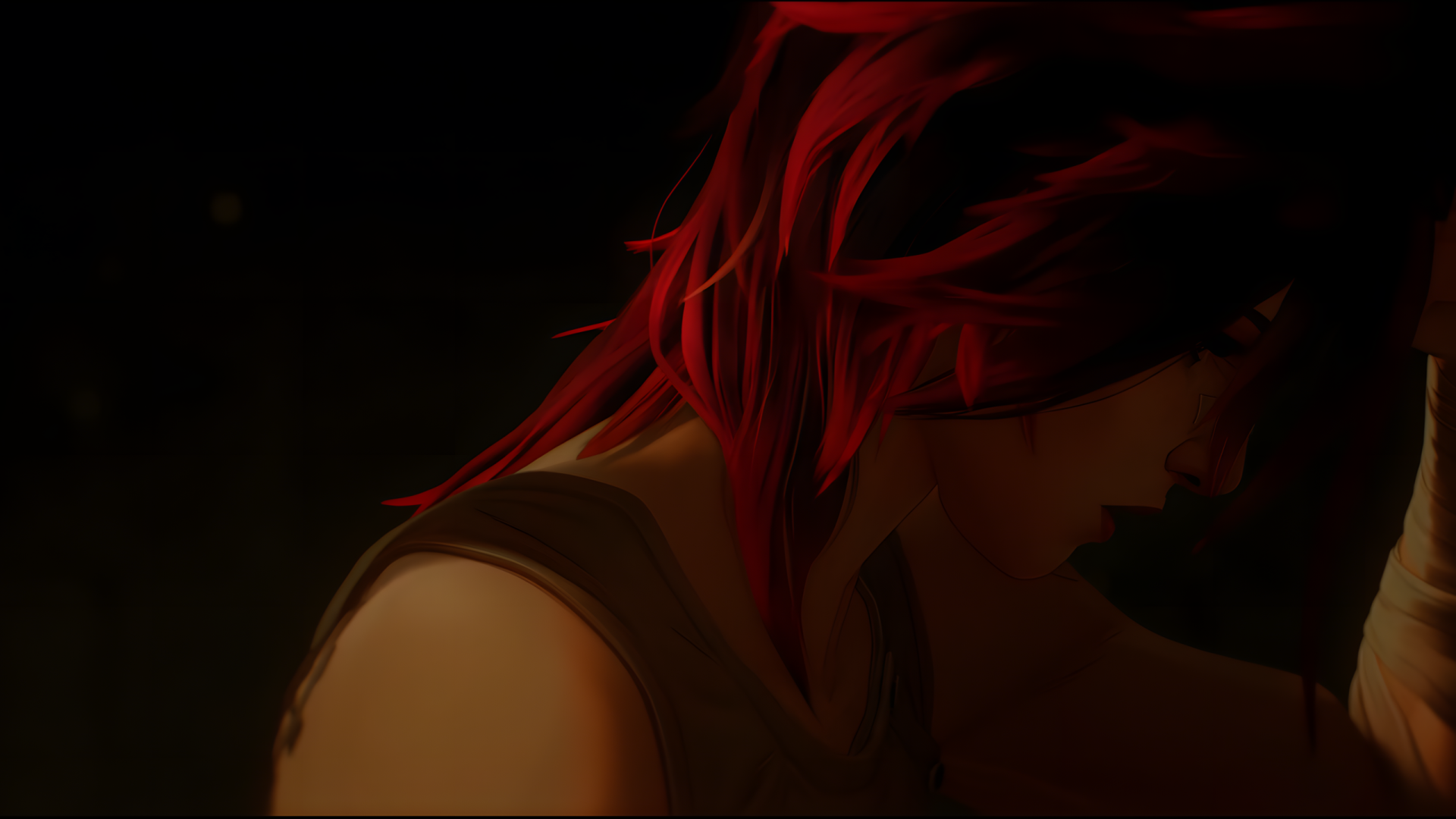 A dramatic HD wallpaper featuring VI from the TV show Arcane, showcasing her striking red hair and intense expression, set against a dark background.