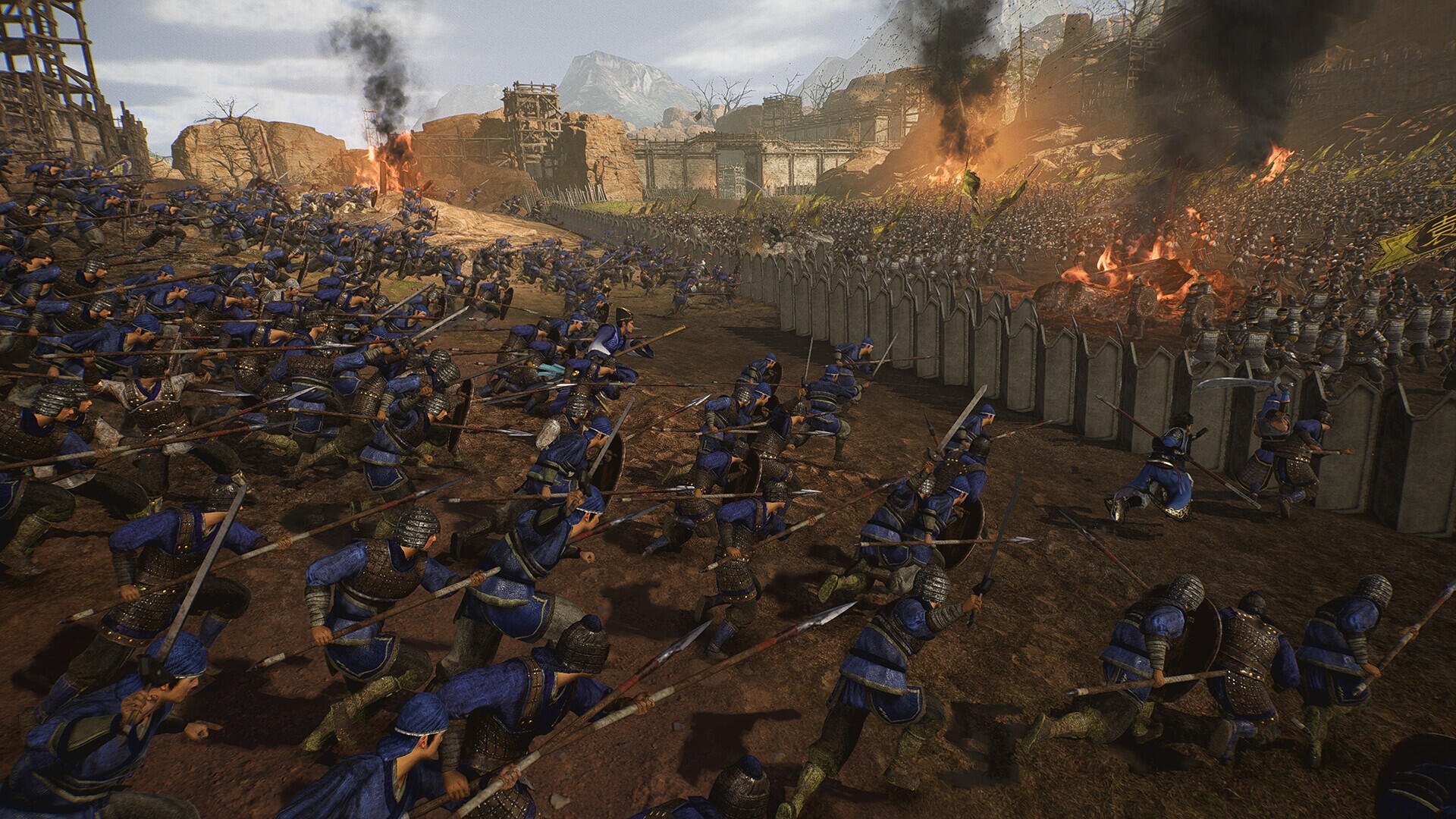 A dynamic HD wallpaper depicting an intense battlefield scene from Dynasty Warriors: Origins, showcasing soldiers in action amidst smoke and flames.