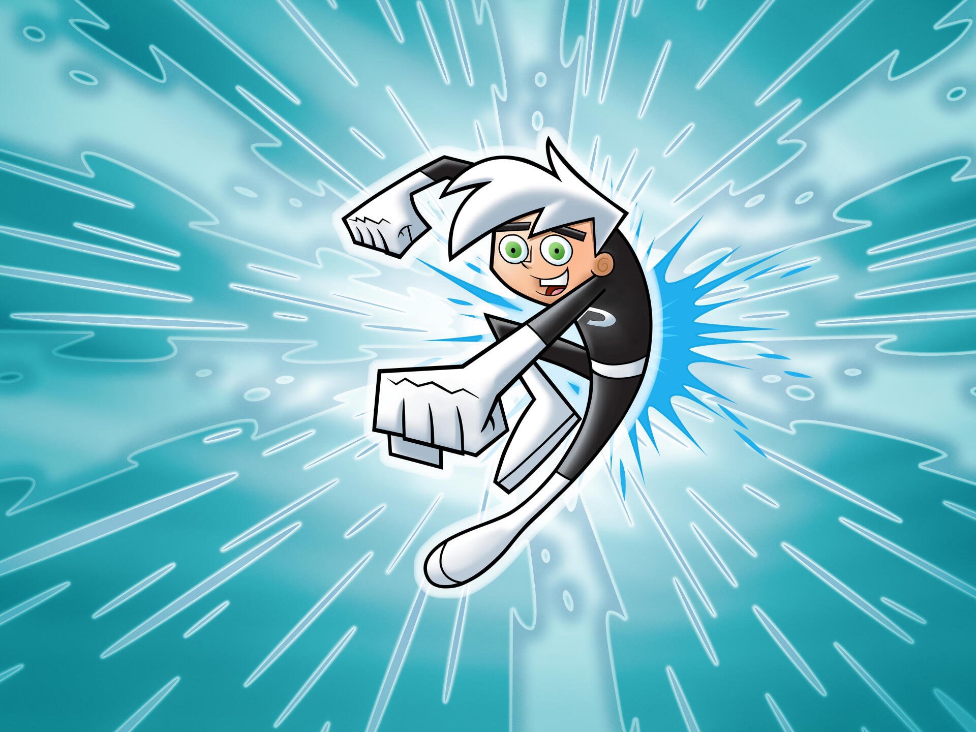 Danny Phantom bursts through a glowing blue portal amid radial teal energy streaks — 4K Ultra HD PC desktop wallpaper and background.