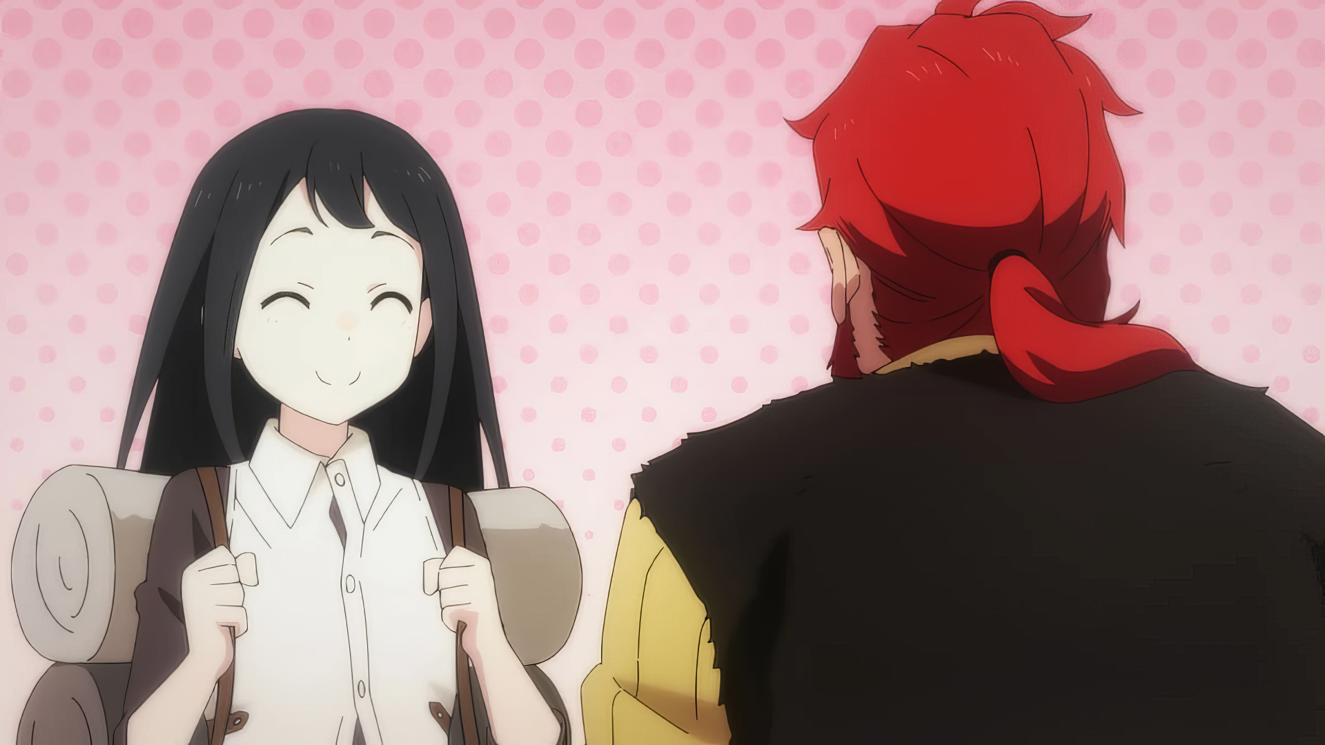 A cheerful scene from the anime I Left My A-Rank Party to Help My Former Students Reach the Dungeon Depths! featuring a girl with black hair smiling at a red-haired man.