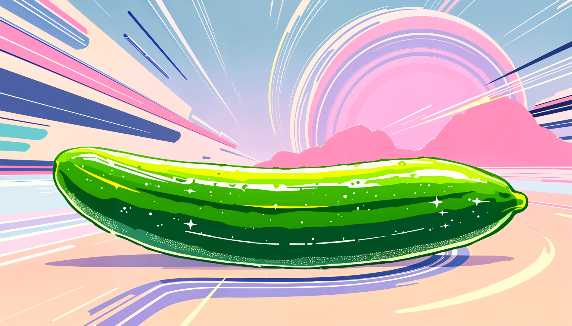 A vibrant, stylized cucumber rests against a colorful background of dynamic lines and abstract shapes, creating a striking 4K Ultra HD desktop wallpaper.
