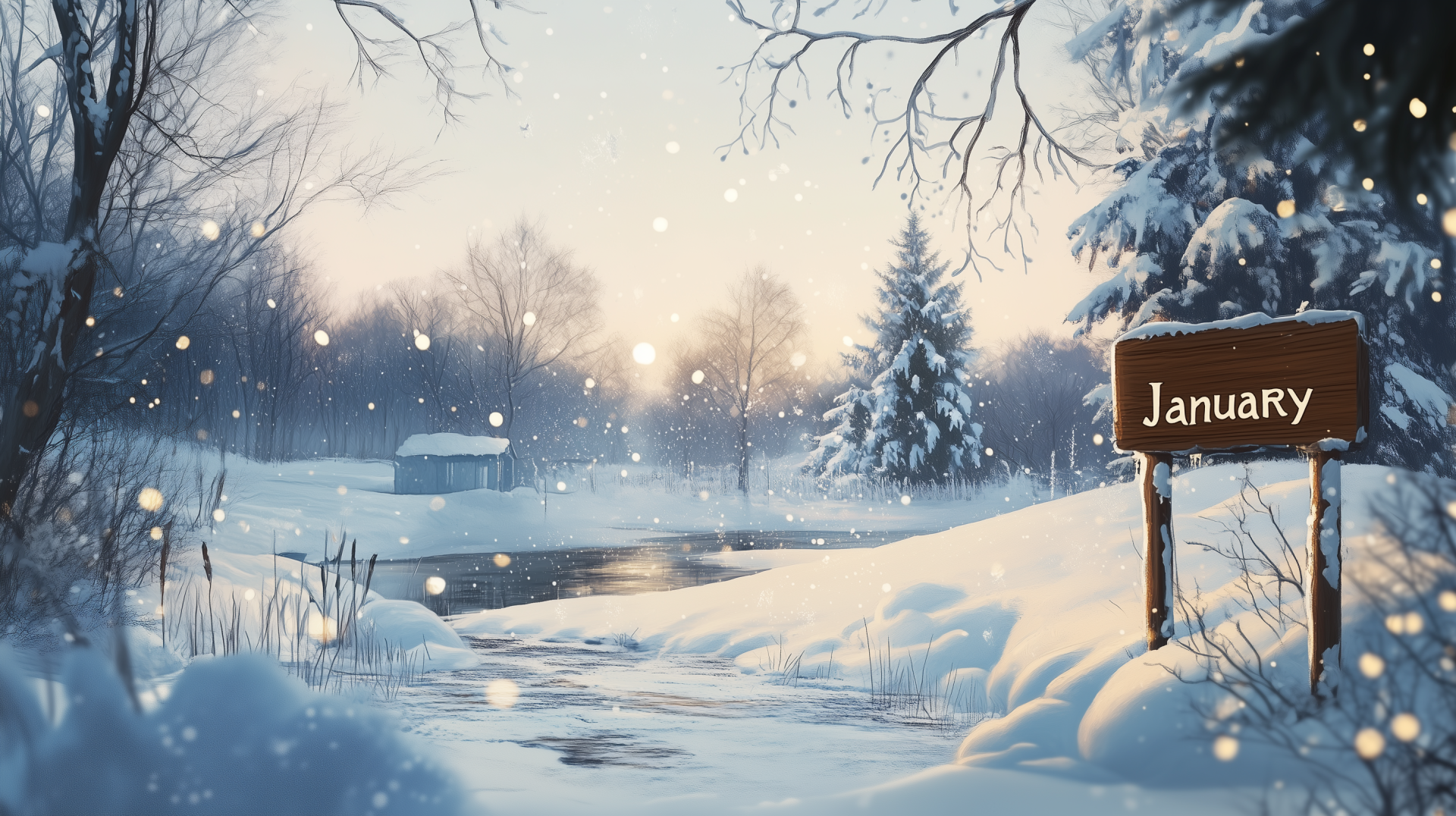 A serene winter landscape featuring a tranquil stream, snow-covered trees, and a signpost reading January, capturing the essence of the season in an artistic HD wallpaper.