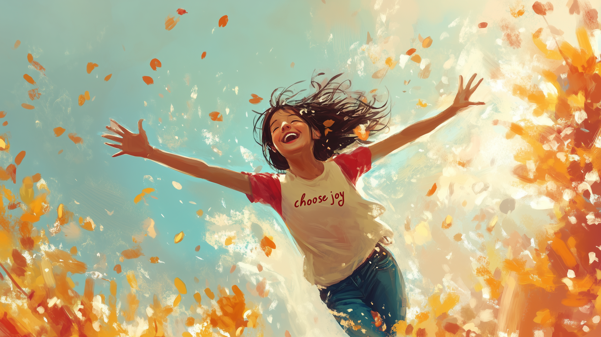 A joyful girl wearing a Choose Joy shirt leaps with open arms among swirling autumn leaves, capturing a vibrant moment of happiness against a bright blue sky.