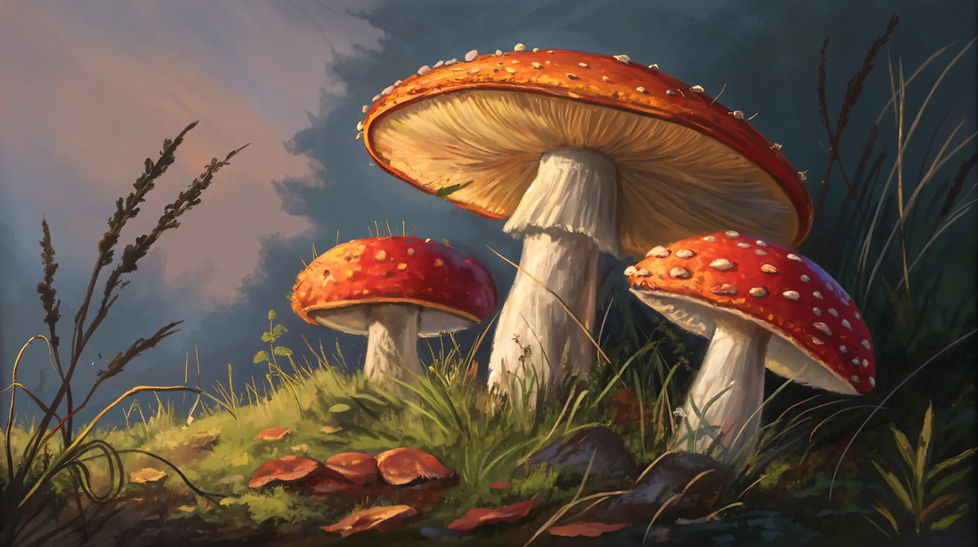A vibrant digital illustration of fungi features three red and white mushrooms among lush grass and scattered leaves, set against a soft, atmospheric background. 4K Ultra HD desktop wallpaper.