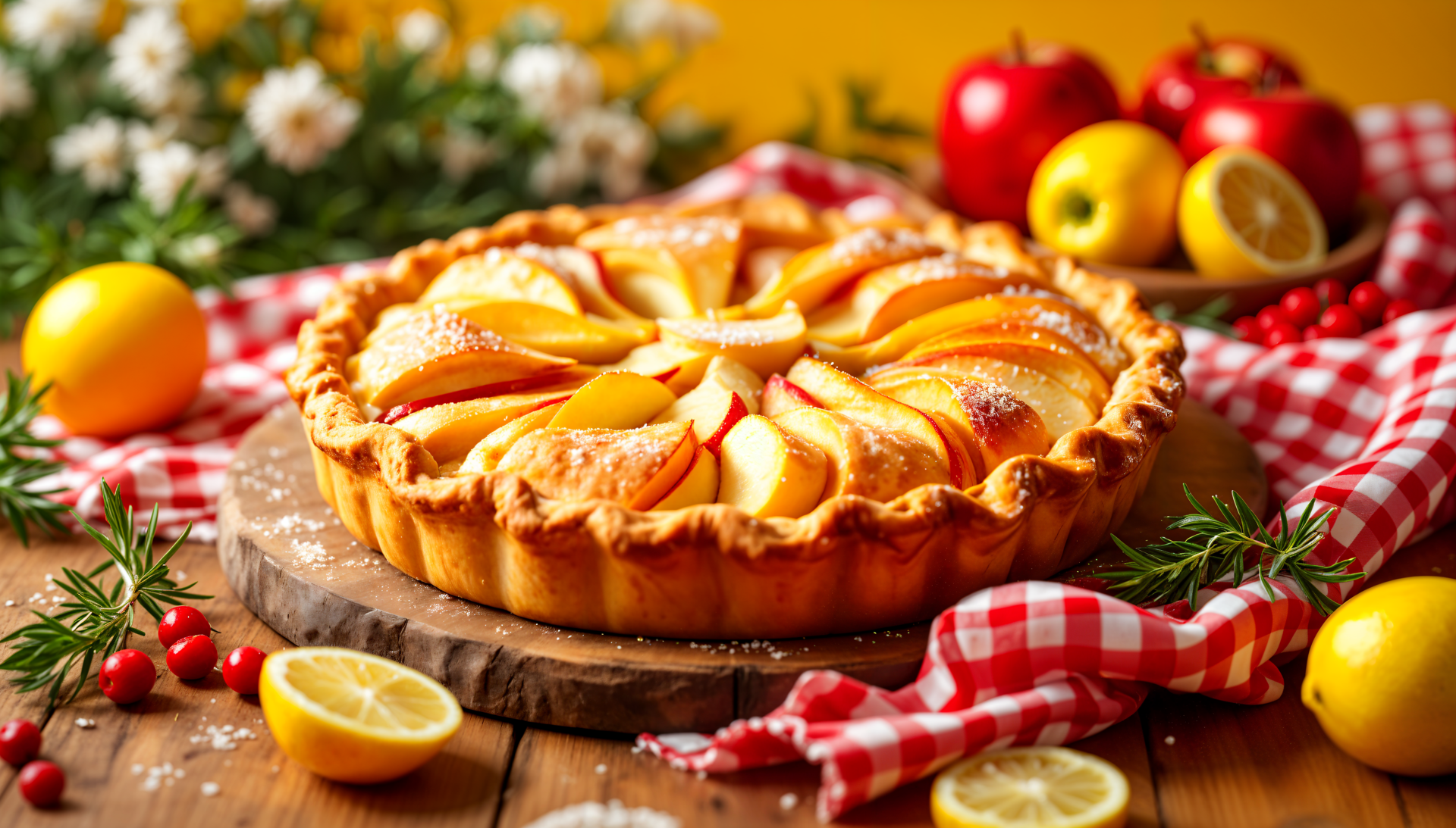 A beautiful apple pie sits on a wooden board, adorned with fresh apple slices and surrounded by lemons and flowers, serving as a vibrant 4K Ultra HD desktop wallpaper.