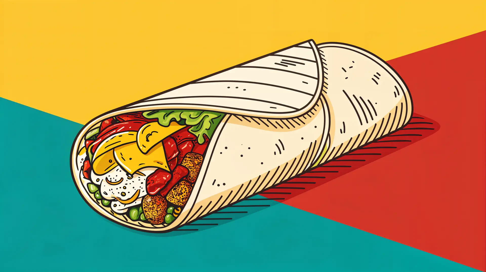 A colorful illustration of a breakfast burrito filled with vegetables and cheese, set against a vibrant background, designed as a 4K Ultra HD desktop wallpaper.