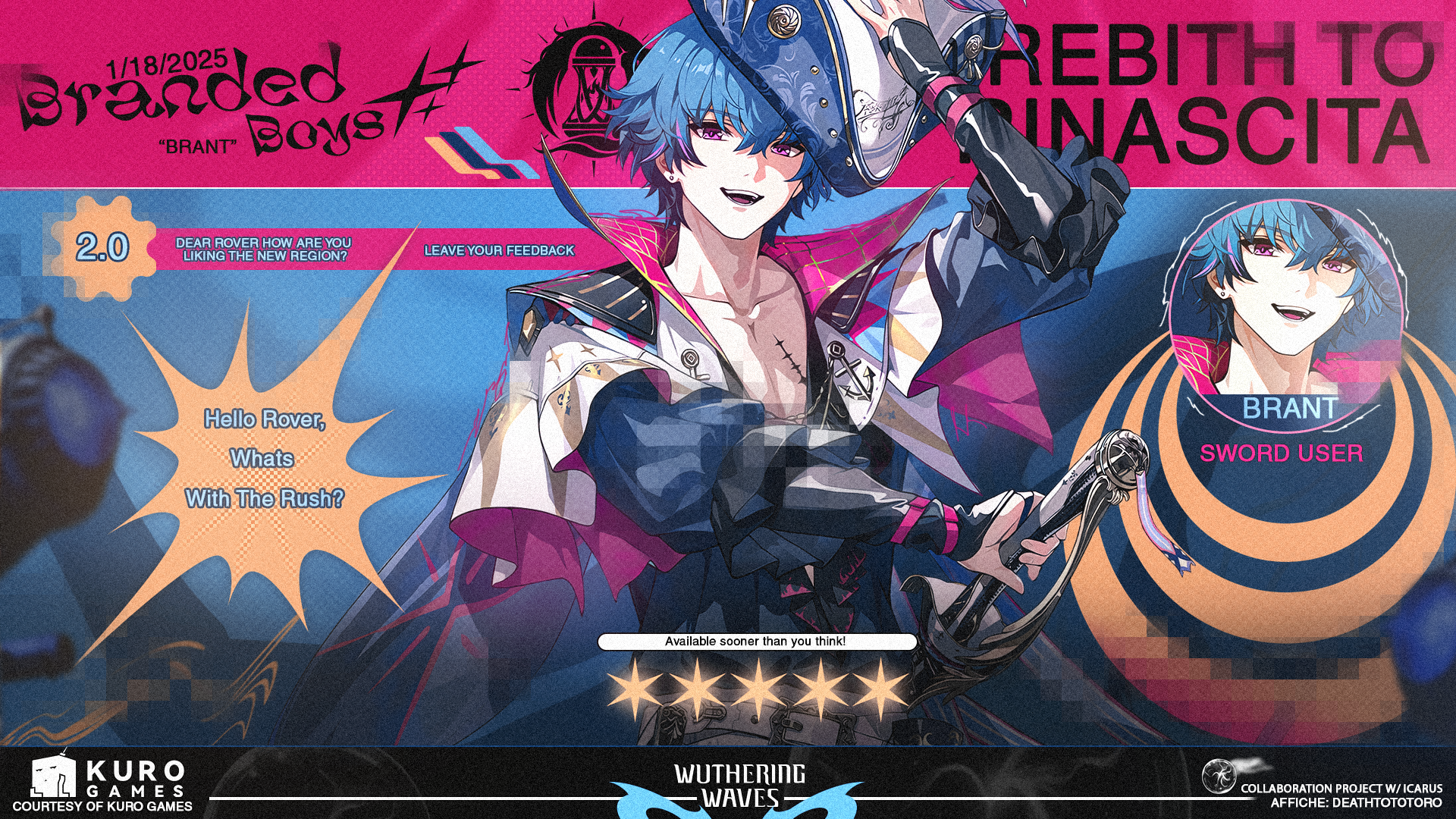 HD PC desktop wallpaper featuring Brant from Wuthering Waves, showcasing vibrant colors, dynamic pose, and stylized graphic design elements from the game.