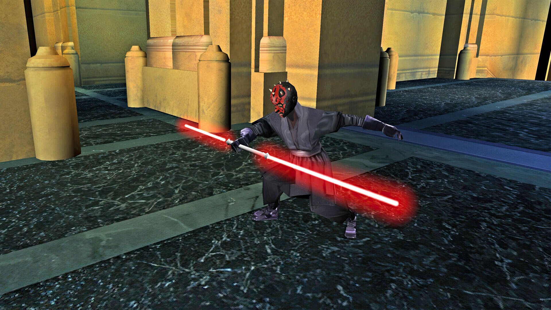 Darth Maul from Star Wars Episode I: Jedi Power Battles stands ready for battle, wielding dual red lightsabers in a striking HD PC desktop wallpaper backdrop.