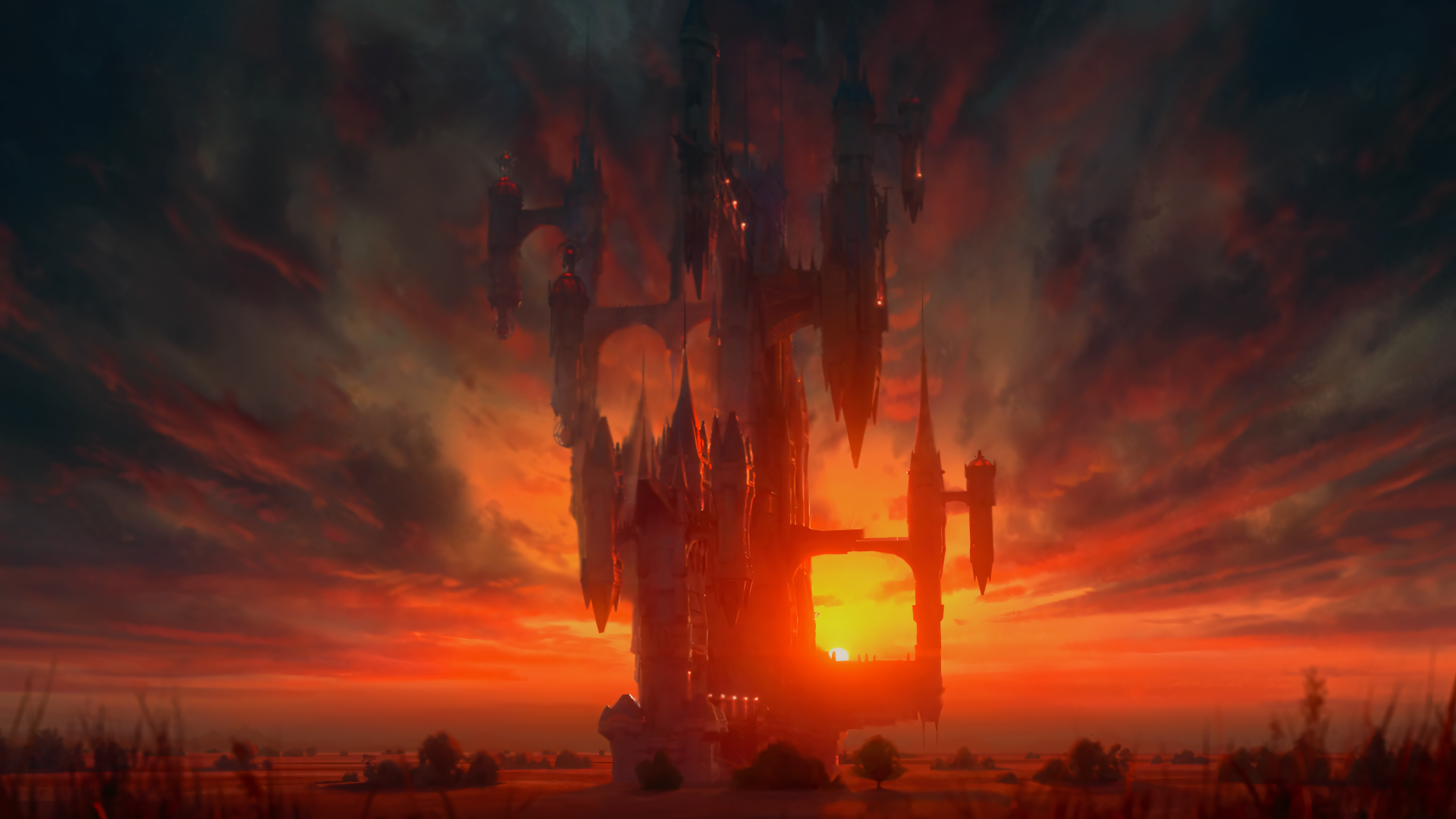 A stunning 4K Ultra HD wallpaper featuring a dark, imposing castle against a vibrant sunset sky, inspired by anime aesthetics and the world of Castlevania.