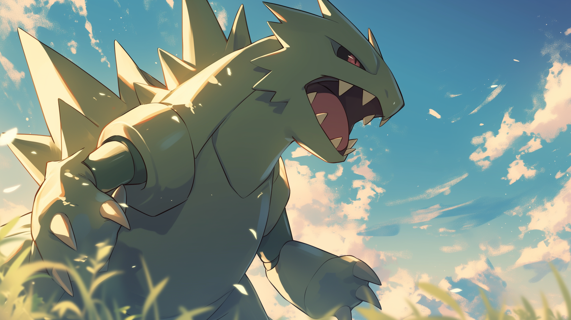 A vibrant HD anime wallpaper featuring Tyranitar from Pokémon, showcasing the fierce creature against a picturesque sky with soft clouds and lush grass.