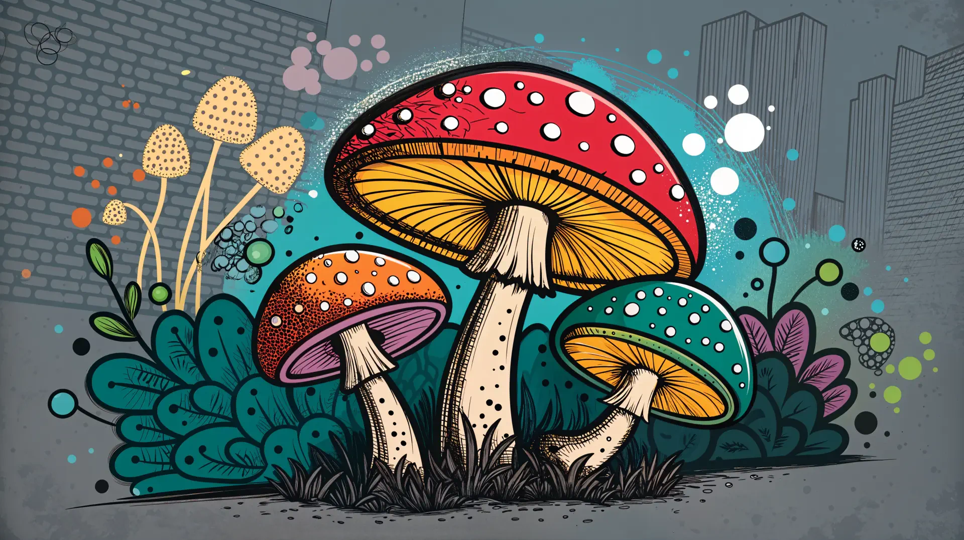 A vibrant illustration of colorful mushrooms surrounded by stylized flora and abstract shapes, serving as an engaging fungi-themed 4K Ultra HD desktop wallpaper.