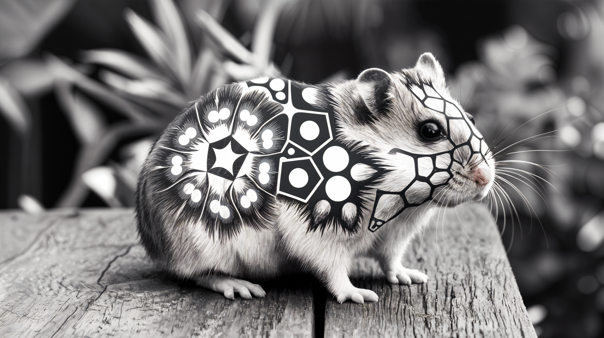 A creatively designed hamster with intricate black and white patterns on its fur, set against a natural background, showcased as a 4K Ultra HD PC desktop wallpaper.