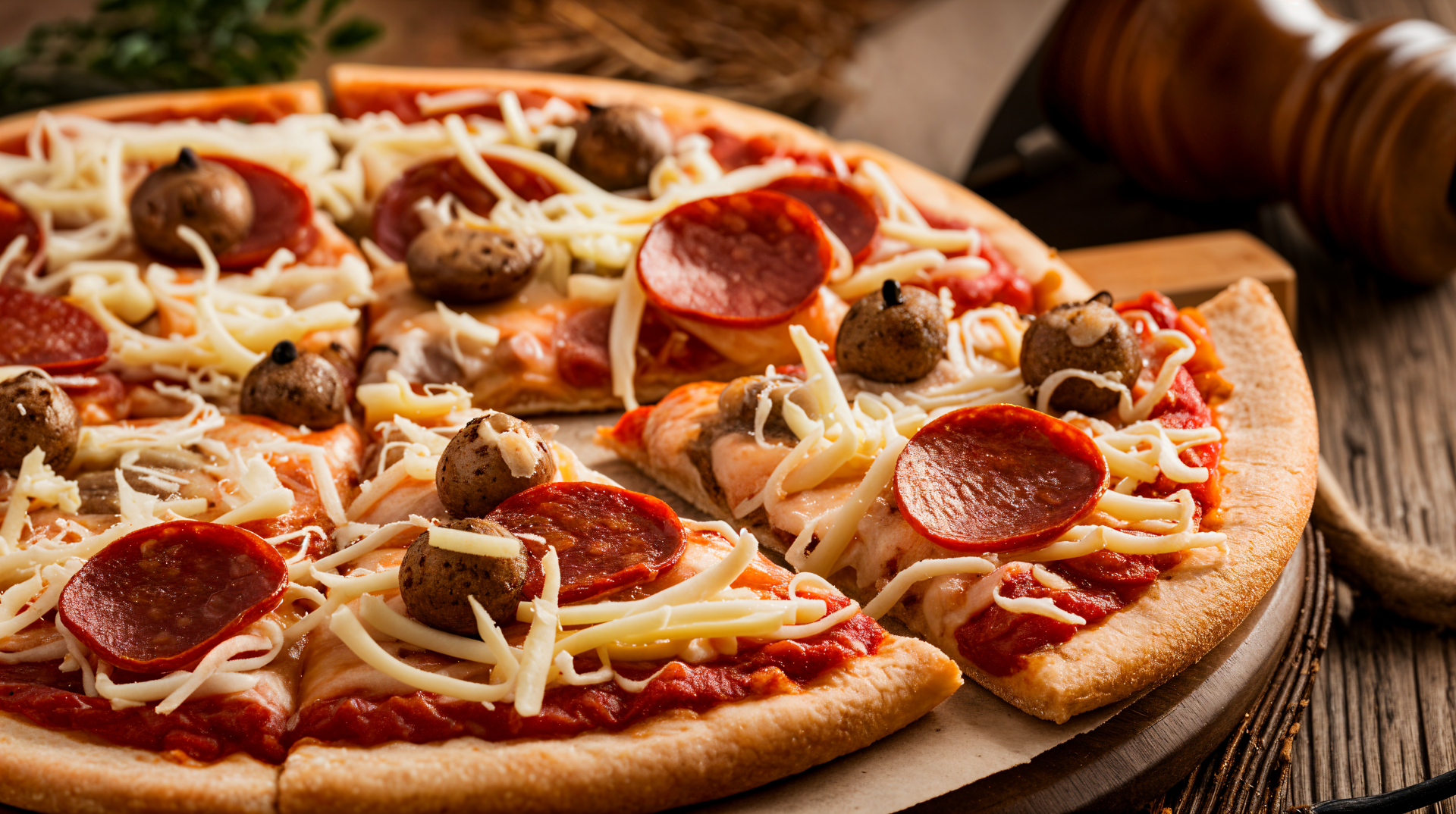 A beautifully crafted 4K Ultra HD wallpaper featuring a close-up of a delicious pepperoni pizza topped with mushrooms and melted cheese, set on a rustic wooden surface.