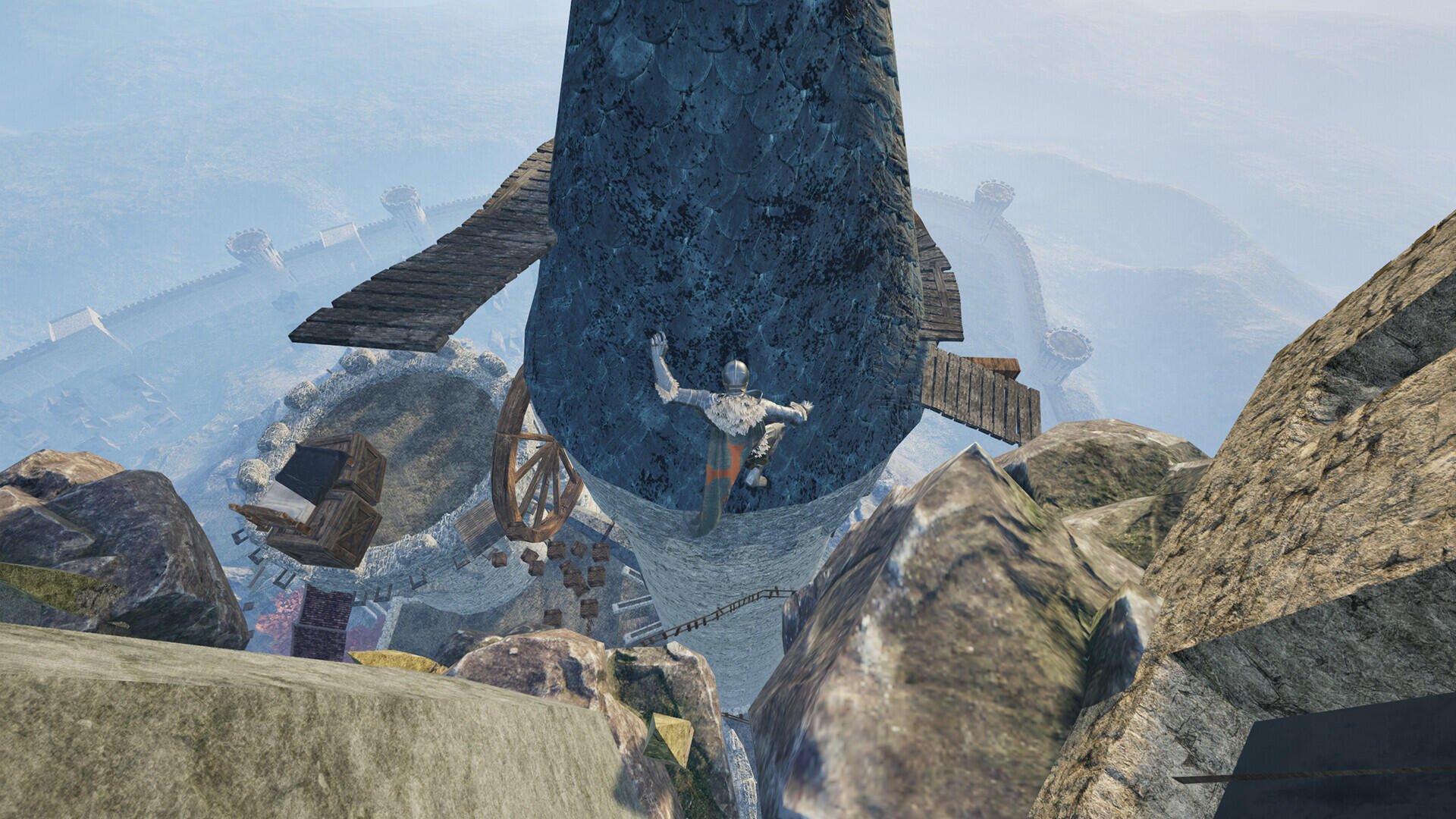 A high-definition desktop wallpaper from the video game Only Up: Lizards Must Fall, showcasing a stunning rocky landscape with a character navigating a towering structure.