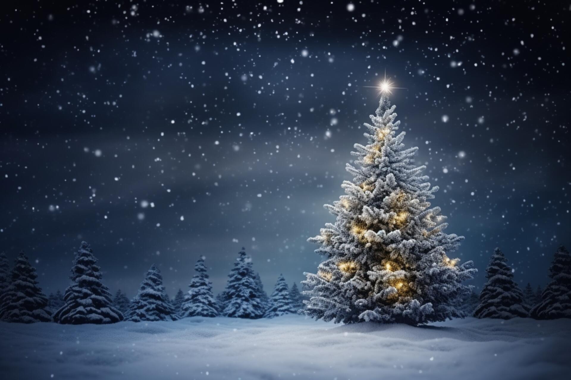 Christmas 4K Ultra HD PC desktop wallpaper and background: a snow-covered fir tree glowing with warm lights beneath a starry topper, falling snow and a moonlit snowy forest backdrop.