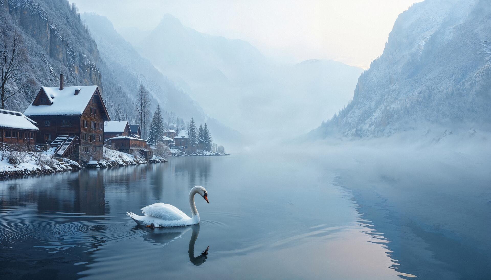 4K Ultra HD PC desktop wallpaper: serene snowy mountain landscape with misty lake, wooden lakeside cottages and a swan gliding across calm reflective water.