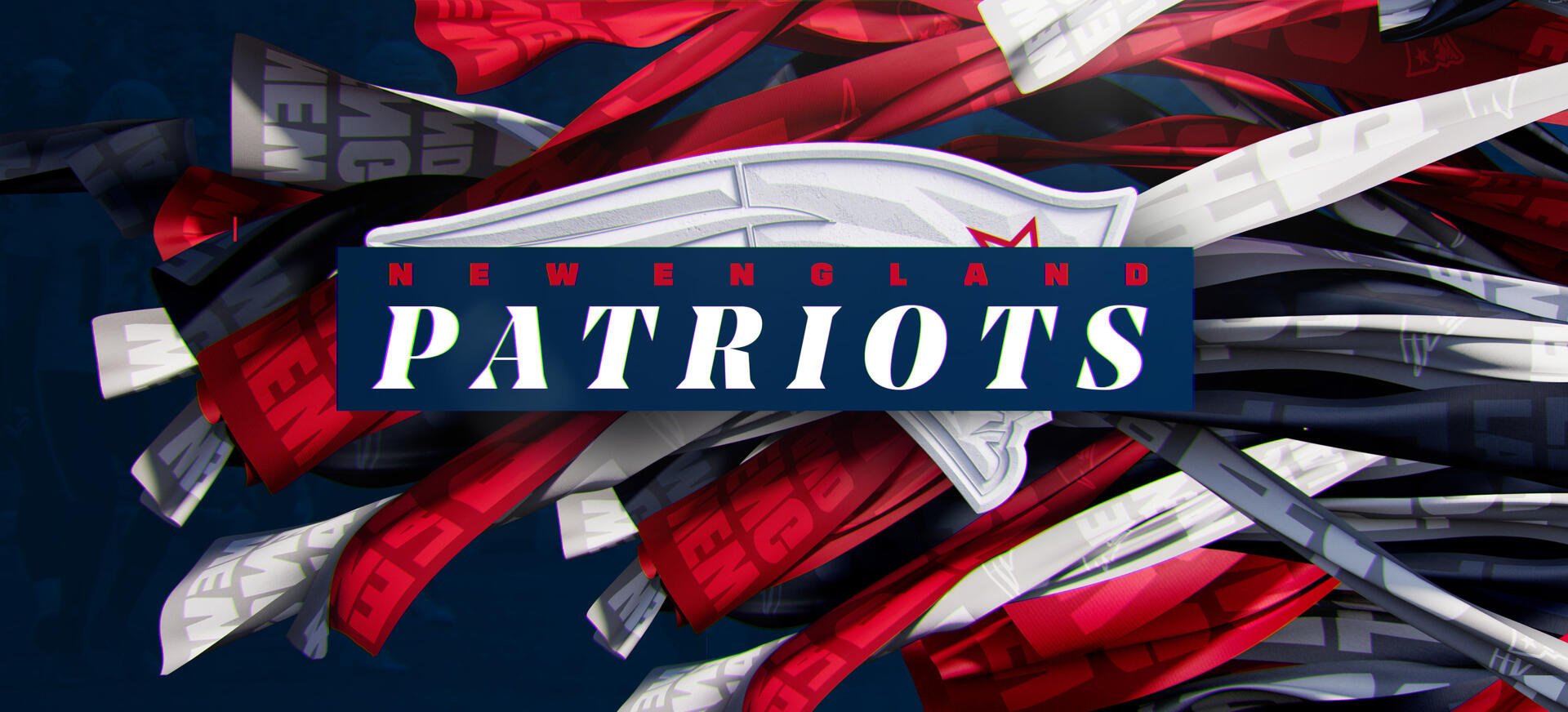 4K Ultra HD wallpaper featuring the New England Patriots logo, set against a dynamic background of red and navy strips, showcasing NFL team pride.