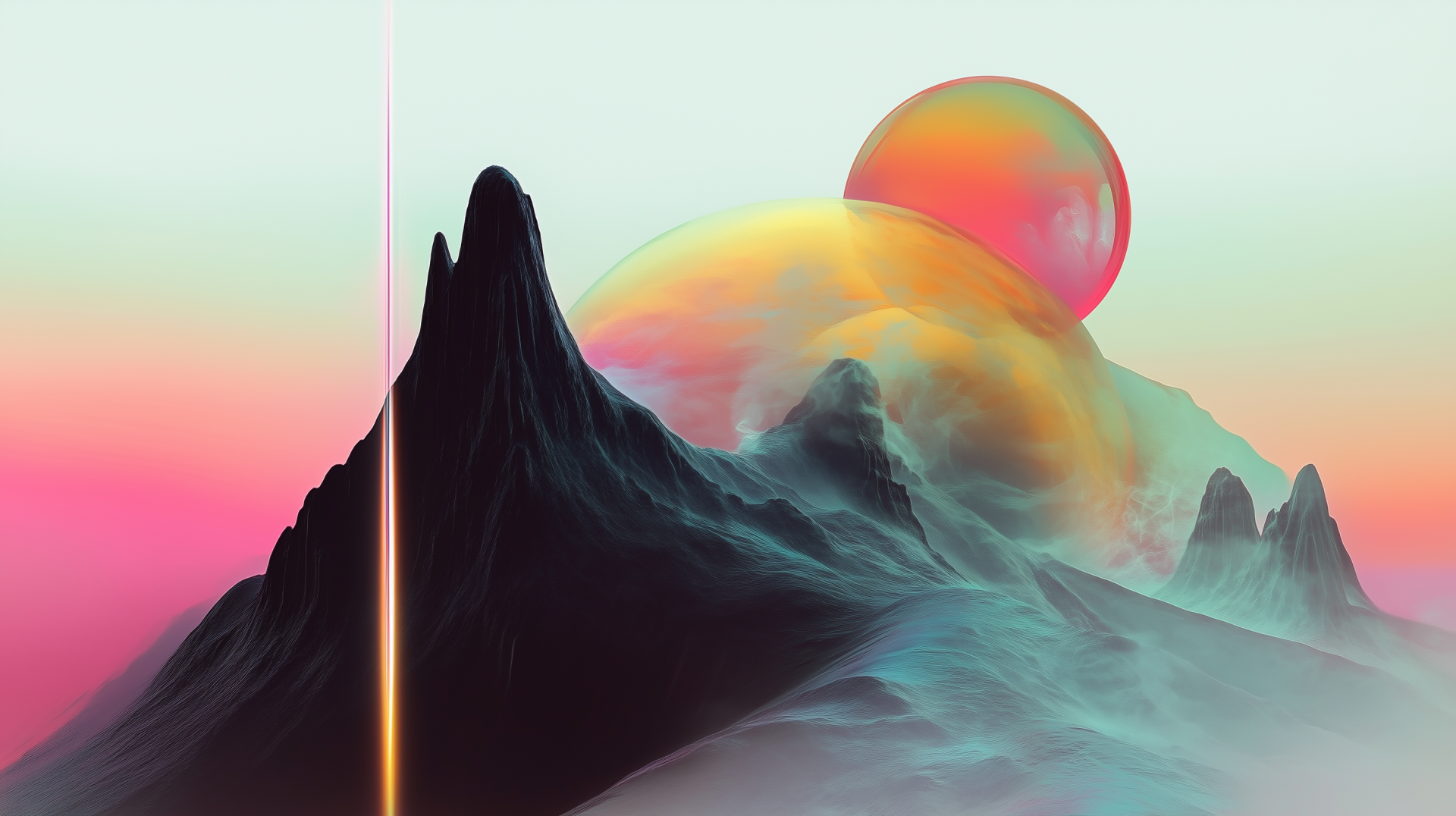 HD PC desktop wallpaper depicting a fantasy world with sharp, dark mountains beneath colorful, glowing celestial spheres in a surreal sky.