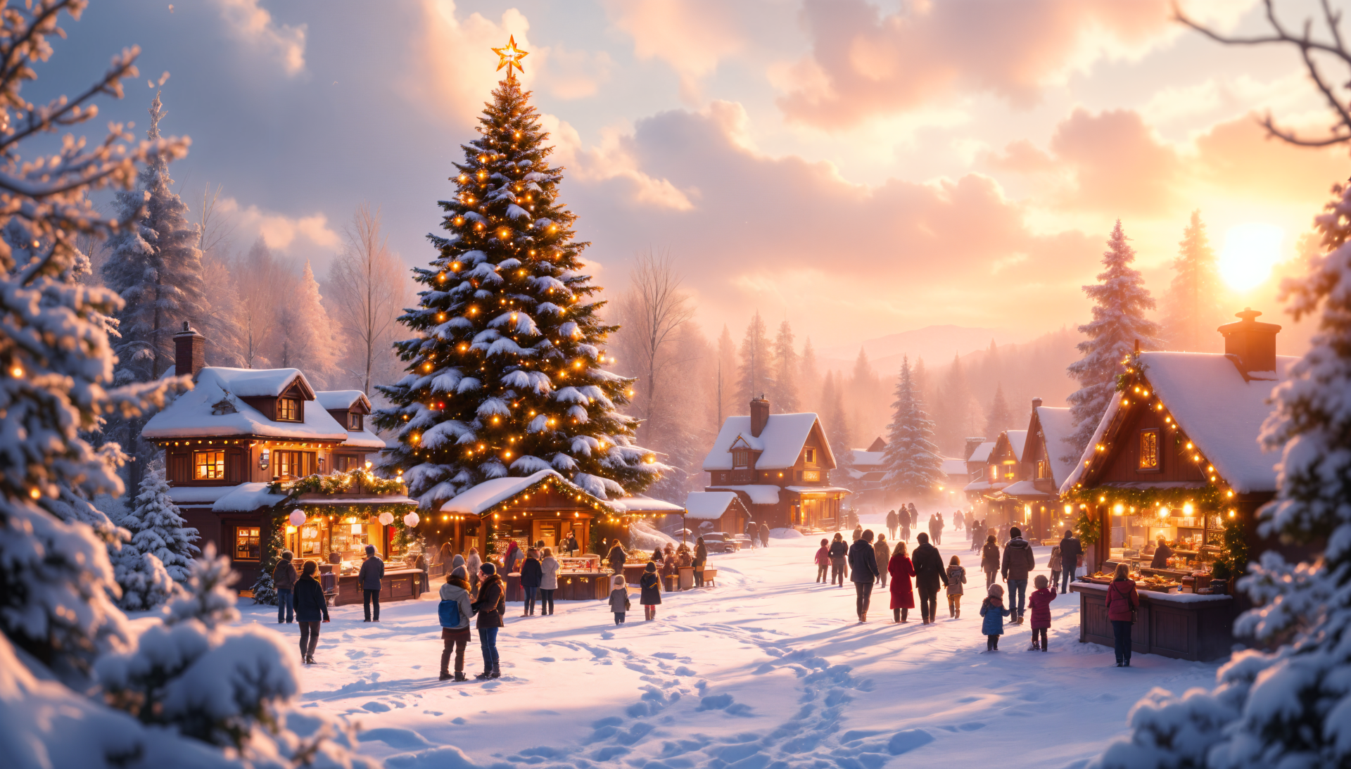 A picturesque winter scene featuring a beautifully decorated Christmas tree, cozy cabins, and joyful people, all wrapped in gentle snow, capturing the essence of holiday cheer in 4K Ultra HD.