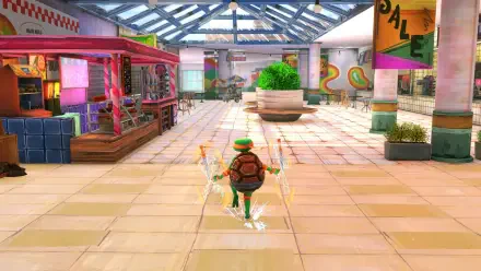 A colorful HD wallpaper from Teenage Mutant Ninja Turtles: Mutants Unleashed, featuring a turtle navigating a vibrant, empty shopping plaza with various shops in the background.