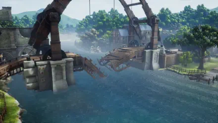 A serene landscape from Romancing SaGa 2: Revenge of the Seven, featuring a bridge and waterway surrounded by lush greenery, captured as a high-definition PC desktop wallpaper.