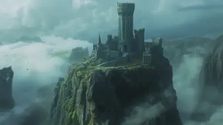 A stunning HD wallpaper of a fantasy wizard tower perched on a rocky cliff, surrounded by mist and dramatic clouds, evoking a sense of magic and adventure.