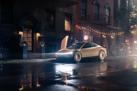 A sleek Tesla Cybercab stands illuminated on a rainy street, showcasing its futuristic design. This 4K Ultra HD image captures the essence of a modern robotaxi in a vibrant urban setting.