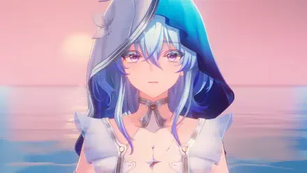 A captivating HD wallpaper featuring the Shorekeeper character from the video game Wuthering Waves, set against a serene ocean backdrop at sunset.