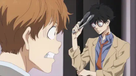 A dynamic scene from Ron Kamonohashi's Forbidden Deductions, featuring two characters in a tense moment, showcasing the anime's engaging art style and intriguing narrative.