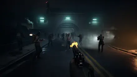 A dramatic scene from the video game No More Room In Hell 2, featuring a player aiming a gun at a horde of zombies in a dark, smoke-filled environment with eerie lighting.