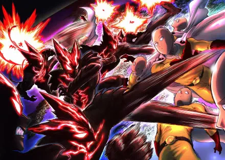 HD desktop wallpaper featuring intense action between Saitama and Garou from One-Punch Man, with dynamic explosions and vibrant contrast.