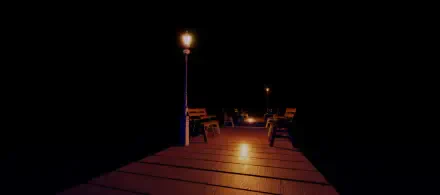 A serene nighttime scene in Roblox featuring a wooden pier adorned with lanterns and benches, creating a calming atmosphere for a HD PC desktop wallpaper.