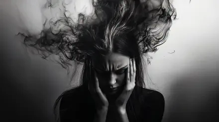 A stressed-out woman presses her hands to her temples, surrounded by swirling dark wisps, captured in a striking black-and-white 4K Ultra HD wallpaper.