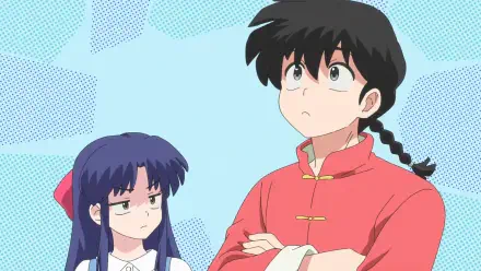 HD anime wallpaper featuring Ranma Saotome and Akane Tendou from Ranma ½, with a blue patterned background.