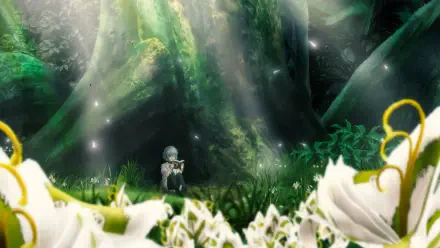 A serene HD desktop wallpaper from the video game Metaphor: ReFantazio, featuring a character resting under a lush tree surrounded by glowing flowers and soft sunlight.