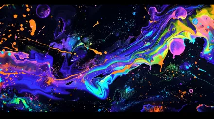 A vibrant abstract liquid design featuring swirling colors of purple, blue, and orange against a dark background, presented in stunning 4K Ultra HD quality for a striking desktop wallpaper.