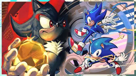 4K Ultra HD wallpaper featuring Sonic the Hedgehog and Shadow the Hedgehog from Sonic Generations and Sonic X, showcasing dynamic action in a vibrant background.