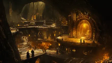 A stunning 4K Ultra HD wallpaper depicting a dwarven underground city, featuring intricate architecture, warm lighting, and bustling figures amidst a rich, fantasy setting.