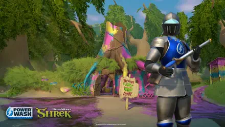 A knight in armor stands with a power washer in front of Shrek's colorful swamp home, featured in the HD PC wallpaper for the PowerWash Simulator – Shrek Special Pack.