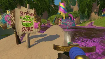 A vibrant HD wallpaper from PowerWash Simulator's Shrek Special Pack, featuring a Beware Ogre sign amidst a whimsical, colorful landscape.