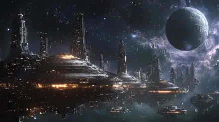 A stunning 4K Ultra HD wallpaper featuring a futuristic space station in a Galactic Empire setting, surrounded by a starry cosmos and a prominent planet in the background.