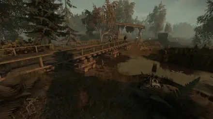 A serene landscape from STALCRAFT: X, featuring a wooden bridge over a calm pond surrounded by trees and foliage, presented as an HD PC desktop wallpaper.