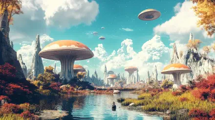 A vibrant alien world features towering, orange-capped mushrooms and futuristic spacecraft hovering above a serene waterway, set against a dramatic sky, in this stunning 4K Ultra HD wallpaper.