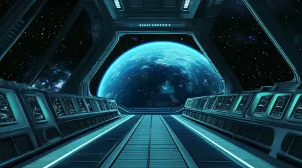 A futuristic starship bridge is depicted, featuring sleek design and control panels, with a stunning view of a blue planet and star-filled space beyond. 4K Ultra HD wallpaper.