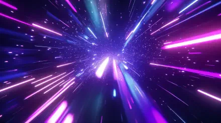 A vibrant sci-fi image depicting warp speed, with dynamic streams of purple and blue light bursting outward, creating an energetic and immersive 4K Ultra HD background.